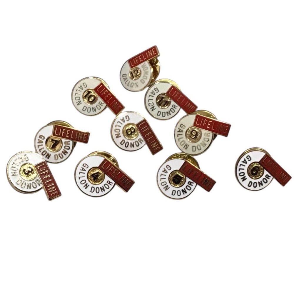 10 Lifeline Gallon Donor Tac Pins 3 4 5 6 7 8 9 10 11 12 Red White Brooch